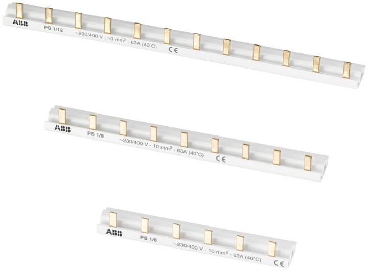 Stromschienen mit ABB-Logo, zeigen drei Modelle PS 1/12, PS 1/8, PS 1/6. Technische Spezifikationen und CE-Kennzeichnung sichtbar.