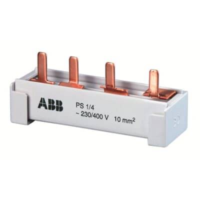 Elektrischer Verteilerblock von ABB mit drei kupfernen Klemmen, geeignet für 230/400 V und 10 mm² Kabelquerschnitt.