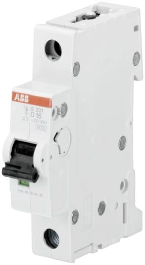 Abbildung eines weißen Sicherungsautomaten der Marke ABB mit schwarzem Schalter und rotem Logo, geeignet für elektrische Schalttafeln.