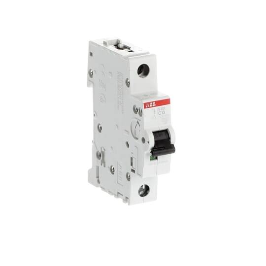 Ein elektrischer Schutzschalter in grauer Farbe von der Marke ABB, mit einem Hebel an der Vorderseite.