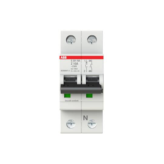 Ein zweipoliger Leitungsschutzschalter der Marke ABB mit einem Nennstrom von 10 A, geeignet für DIN-Schienenmontage.
