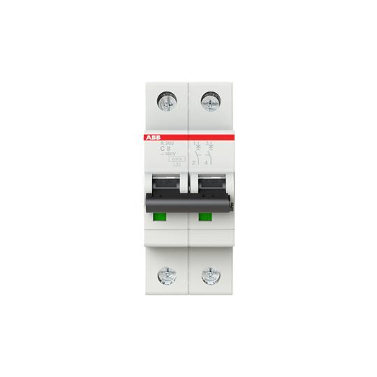Ein zweipoliger Leitungsschutzschalter der Marke ABB, Modell C8. Verwendet zur Sicherung von elektrischen Schaltkreisen.