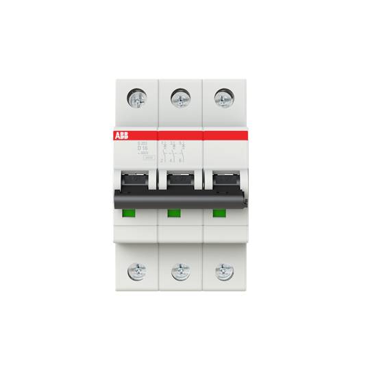 Ein dreipoliger ABB-Leistungsschalter mit roten und schwarzen Markierungen, geeignet für elektrische Installationen.