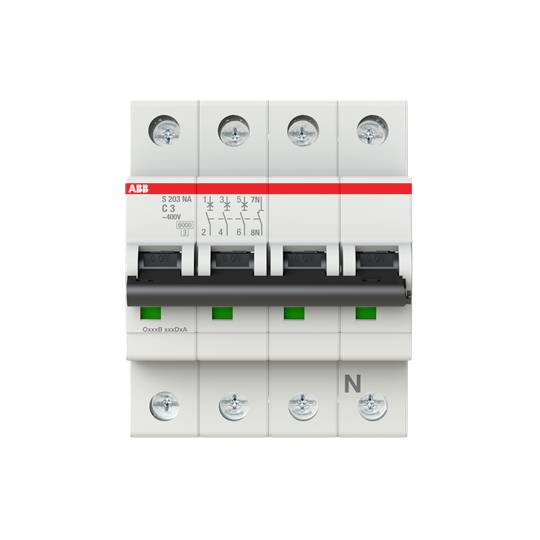 Vierpoliger Sicherungsautomat mit rotem Label, Schalter auf 'Aus'-Position, weiße Gehäuse, passend für elektrische Verteilerschränke.