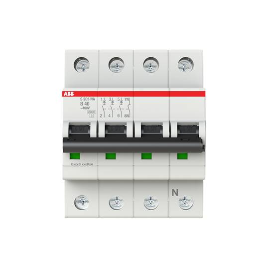 Vierpoliger Leistungsschalter mit rotem ABB-Logo, schwarzen Schaltern und grünen Symbolen auf weißem Gehäuse.