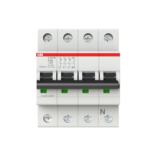 Elektrischer Leistungsschalter mit vier Schaltmodulen und farbigen Komponenten.