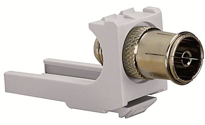 Ein weißer BNC-Buchsenadapter für die Wandmontage aus Kunststoff und Metall, zur sicheren Verbindung von Koaxialkabeln in Netzwerken.