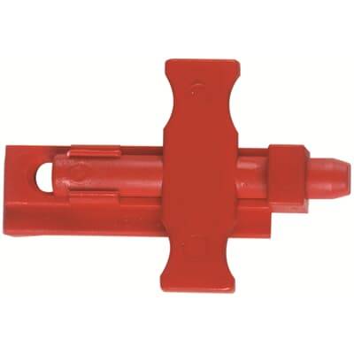 Rotes Sicherungsgerät aus Kunststoff zur Sperrung von Ventilen, verwendet in industriellen Sicherheitsanwendungen.