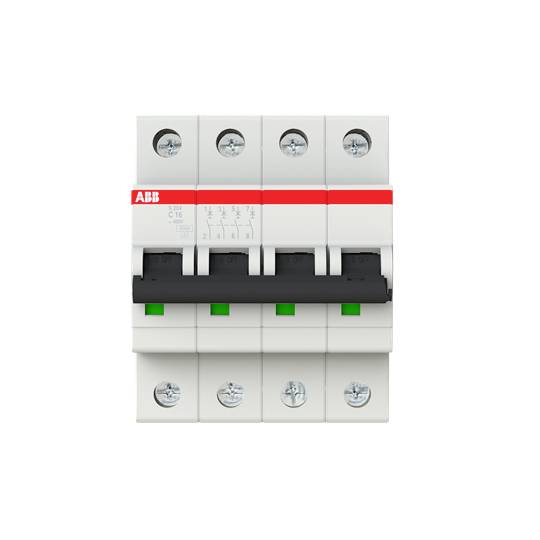 Ein vierpoliger Leitungsschutzschalter mit der Aufschrift 'C 16' für den Schutz elektrischer Stromkreise. Markenlogo oben links.