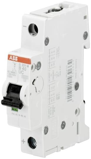 Einpoliger Leitungsschutzschalter mit Kipphebel, Marke ABB, Typ S201M B40. Geeignet für den Schutz elektrischer Schaltkreise.