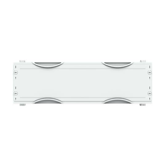 Ein rechteckiges, flaches weißes Gehäuse mit abgerundeten Ecken und mehreren Lüftungsschlitzen an den Seiten. Geeignet für Elektronik.