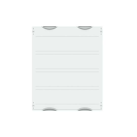 Weiße quadratische Oberfläche mit dünnen horizontalen Linien. Quadratische Vertiefungen befinden sich oben und unten an den Seiten.