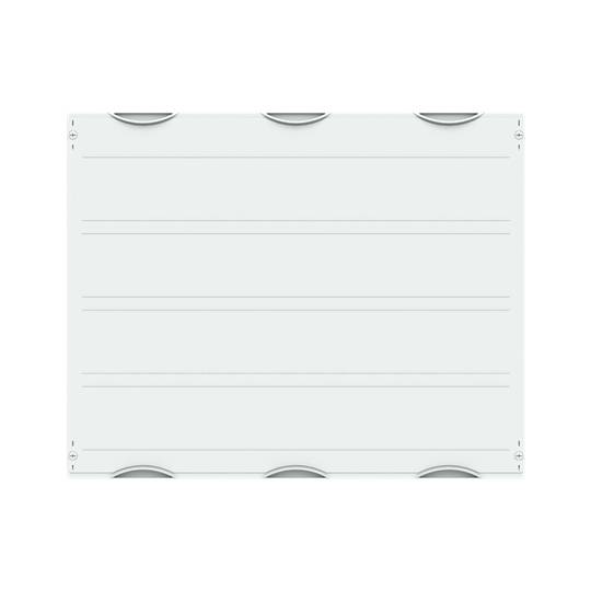 Weiße Schreibtafel mit fünf horizontalen Linien, umgeben von grauen Clips an den Ecken. Geeignet für Notizen oder Präsentationen.