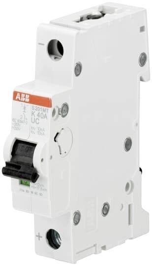 Stromkreis-Schutzschalter, weiß, 40 Ampere, mit schwarzem Hebel und roten Markierungen, dient zur Vermeidung von Überlastungen.