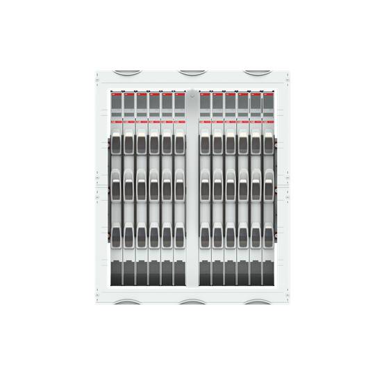 Elektrischer Verteilerkasten mit mehreren horizontalen und vertikalen Schaltleisten und Sicherungsautomaten in einem rasterartigen Muster.