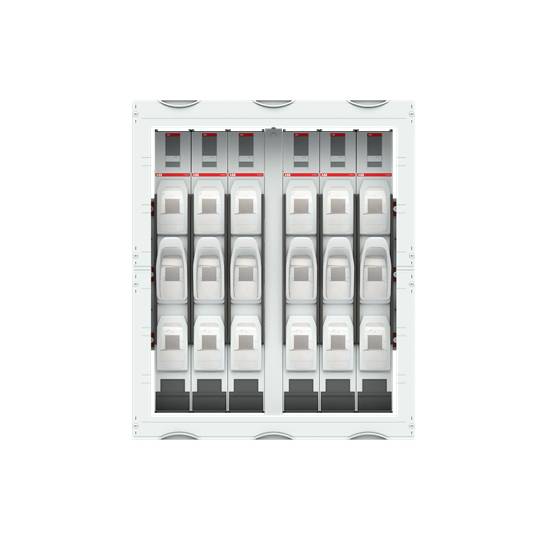 Ein elektrischer Sicherungskasten mit mehreren weißen Schaltern in zwei vertikalen Reihen, in einem rechteckigen Gehäuse.