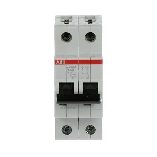 Zweipoliger ABB-Sicherungsautomat mit roten und schwarzen Markierungen, geeignet für elektrische Schaltungen. Modell B40, 25 Ampere.