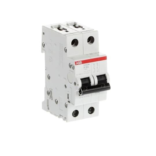 Ein Leistungsschalter von ABB, zweipolig, zur Absicherung von elektrischen Stromkreisen, mit einem roten und weißen Etikett.
