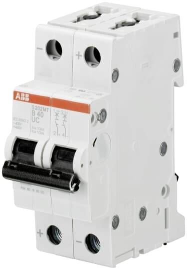 Ein zweipoliger Leitungsschutzschalter der Marke ABB, Modell S202MT B40 UC, zur Sicherung von elektrischen Stromkreisen.