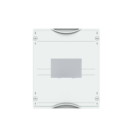 Ein rechteckiges Gerät mit geöffneter Klappe in der Mitte, umgeben von Schrauben an den Ecken, auf einem weißen Hintergrund.