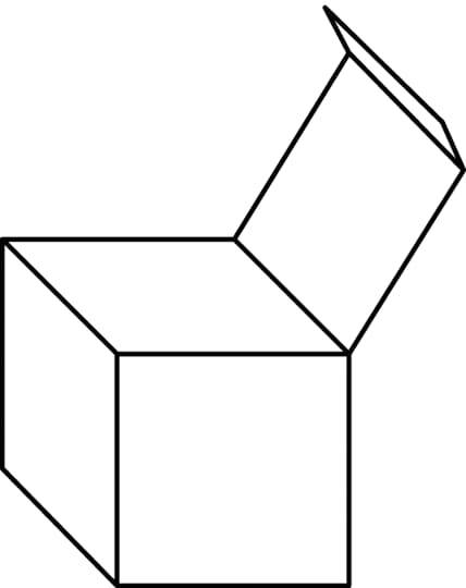 Eine einfache Linienzeichnung eines geöffnete Würfels, bei dem der obere Teil als aufgeklappter Deckel dargestellt ist.