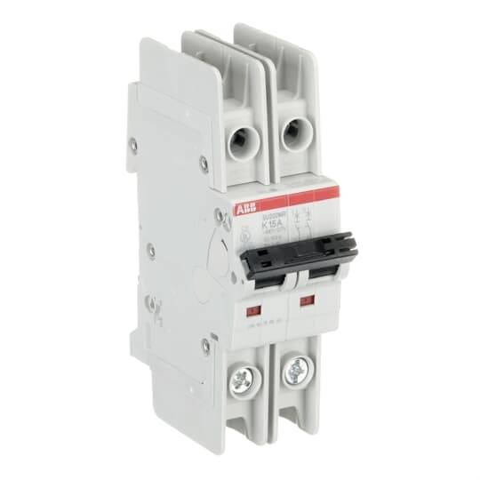 Ein elektrischer Leistungsschalter der Marke ABB, Modell K5A, in neutraler Farbgebung. Geeignet für den Einsatz in elektrischen Sicherungskästen.