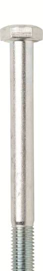 Ein langer, zylindrischer Schraubenbolzen mit flachem Kopf, aus Metall, gegen einen weißen Hintergrund.