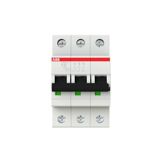 Dreipoliger Schutzschalter von ABB, weiß mit rotem Logo, drei schwarze Schalter und Schraubanschlüsse oben und unten.