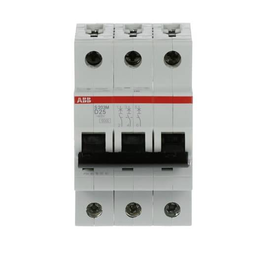 Ein dreipoliger, automatischer Leitungsschutzschalter von ABB der Serie S203M D25, entwickelt zur Überlast- und Kurzschlusssicherung.