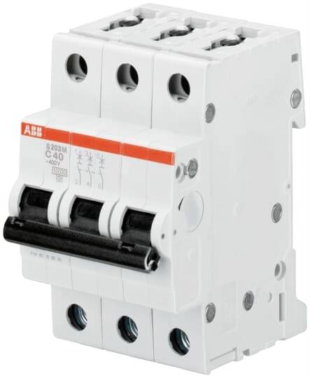 Dreipoliger Sicherungsautomat für elektrische Installationen, weißes Gehäuse, schwarzer Schalter, geeignet für Schutzschaltungen.