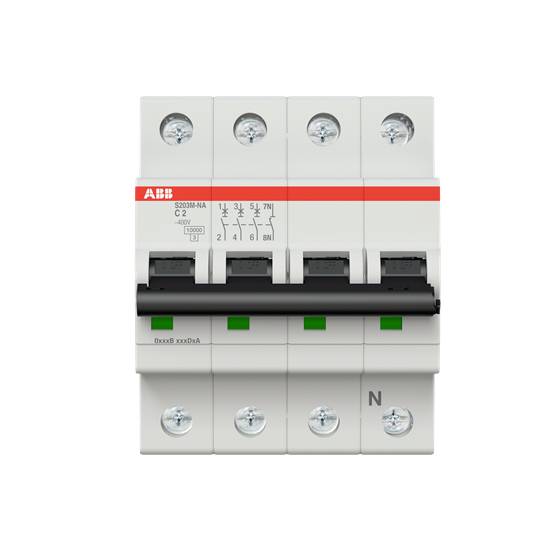 'ABB Circuit Breaker' mit vier Schaltern, Modell S203M-B4, 400V, 12500A. Weißes Gehäuse mit rotem Streifen, Montageschrauben sichtbar.
