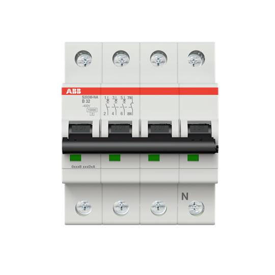 Ein vierpoliger Leitungsschutzschalter der Marke ABB, Modell S203M-A, mit Nennstrom B32, geeignet für den Schutz von elektrischen Schaltkreisen.