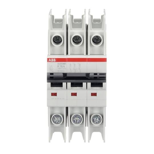 Ein dreipoliger Leistungsschalter mit roter und schwarzer Kennzeichnung, geeignet für elektrische Sicherungsanwendungen.