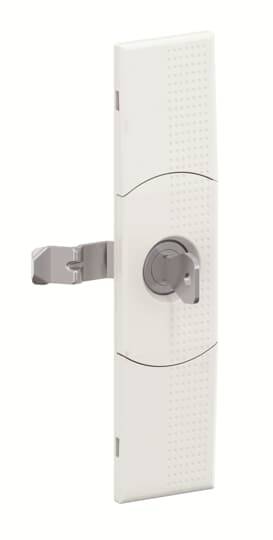 Ein weißer Türdrücker mit integriertem Schloss und einem stilisierten, modernen Design.