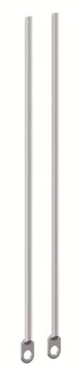 Zwei silberne Metallstäbe mit runden Ösen an einem Ende, vertikal nebeneinander platziert.