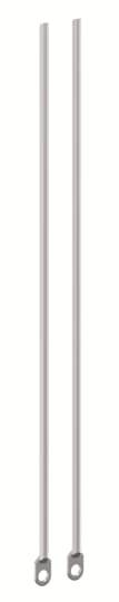 Zwei dünne, graue Metallstangen mit Ösen am unteren Ende stehen nebeneinander aufrecht vor weißem Hintergrund.