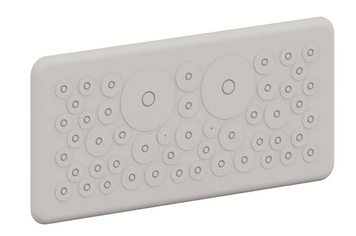 Rechteckige Platte mit mehreren unterschiedlich großen, erhabenen Kreisen. Design-Element oder Dekoration.