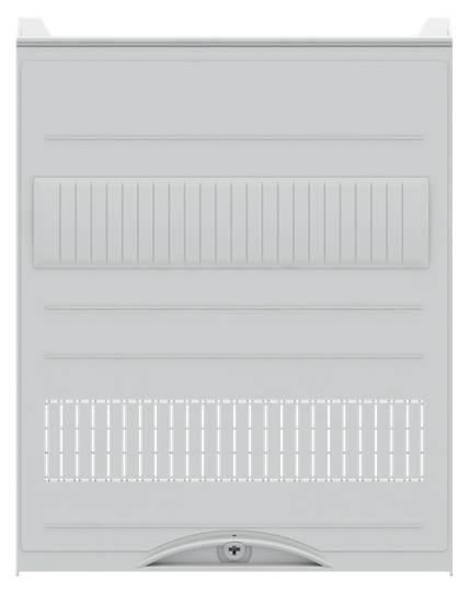 Graues Elektroverteilergehäuse mit vertikalen und horizontalen Schlitzen zur Belüftung, abschließbarer unterer Bereich.