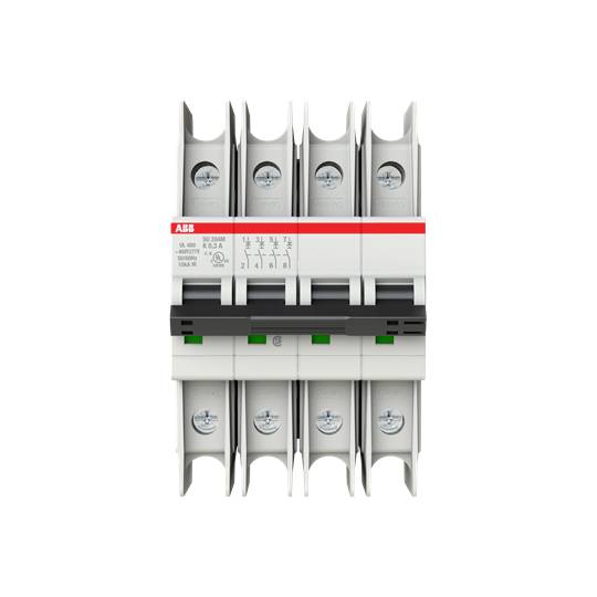 Ein zweipoliger ABB-Leistungsschalter mit transparentem Gehäuse, roten und schwarzen Schaltern. Geeignet für elektrische Installationen.