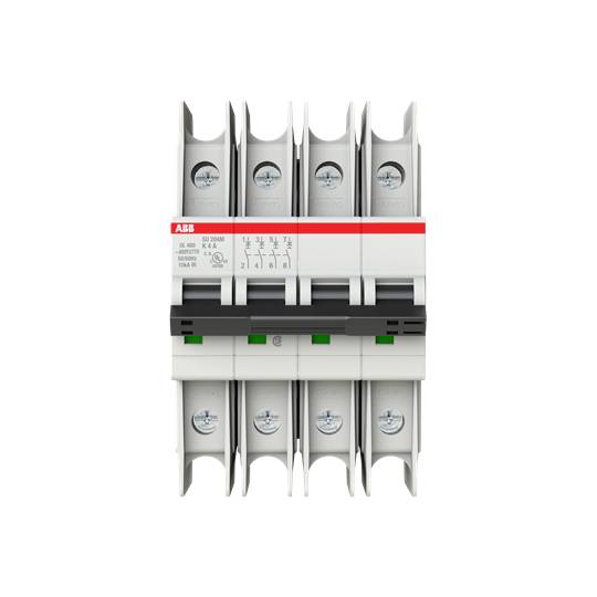 Ein horizontaler Sicherungsautomat mit rotem Streifen oben, mehreren Schaltern und grünen Symbolen. Markierung 'ABB' sichtbar.