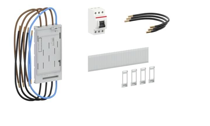 Elektrisches Installationsset bestehend aus Verdrahtungsmodul, Sicherungsautomat, Kabeln und Montagematerial.