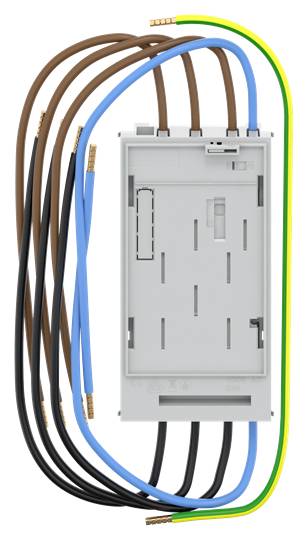 Ein elektrisches Modul mit mehreren farbigen Kabeln, die oben links angeschlossen sind. Kabel sind braun, schwarz, blau und gelb-grün.
