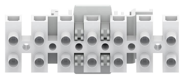 Weiße elektrische Anschlussklemme mit mehreren Ports und Halterungen, geeignet für den Einsatz in elektrischen Schaltungen.