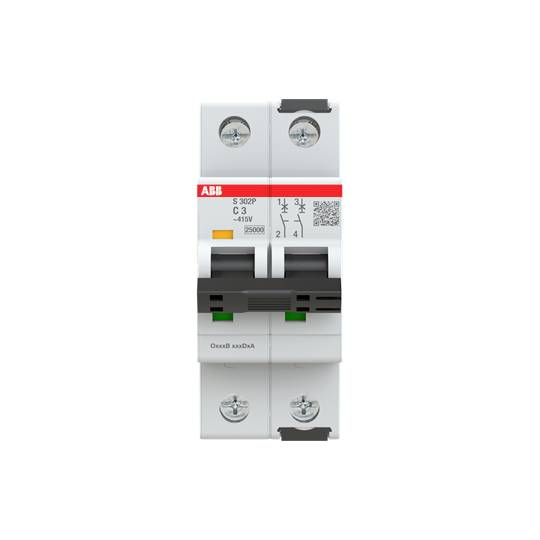 Ein zweipoliger Leistungsschutzschalter von ABB, Modell S-303P C 32, 433 V, mit zwei Kippschaltern und technischer Beschriftung auf der Vorderseite.