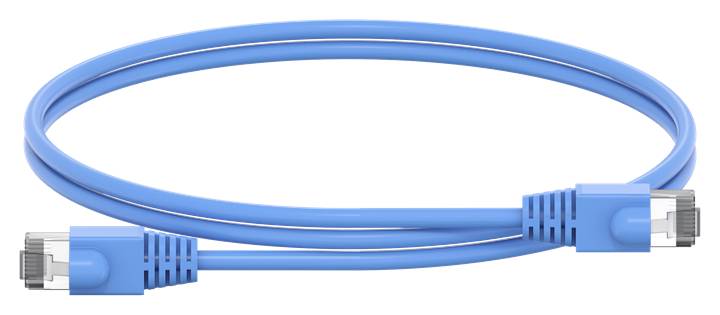 Ein blaues Ethernet-Kabel mit zwei RJ45-Steckern an den Enden, verwendet für Netzwerkverbindungen.