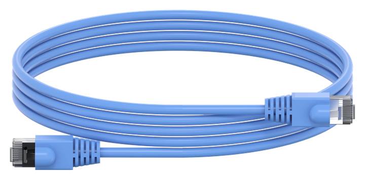 Blaues Ethernet-Kabel mit RJ45-Steckern an beiden Enden, verwendet für Netzwerkverbindungen.