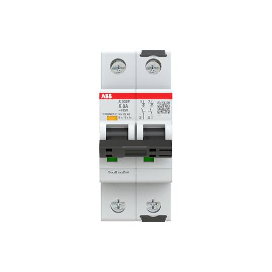 Ein elektrischer Leistungsschalter der Marke ABB mit zwei Schaltern. Geeignet für eine Nennstromstärke von 8 Ampere.