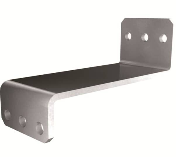 Metallwinkelverbindung mit drei Löchern an jeder Seite, zum Befestigen oder Verbinden von Bauteilen. Geeignet für robuste Anwendungen.