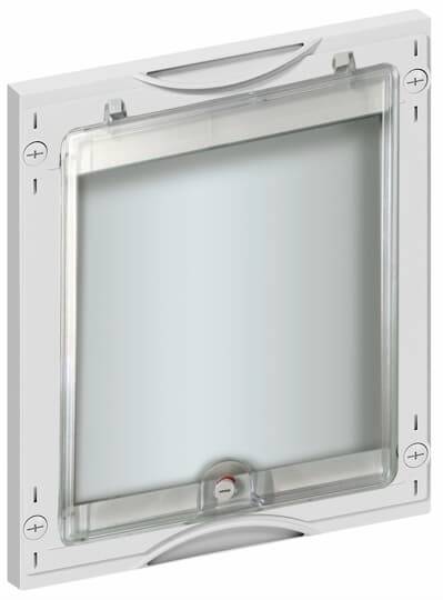 Eine quadratische, durchsichtige Abdeckung mit einem Rahmen und Schrauben in jeder Ecke, die zur Montage an einer Oberfläche geeignet ist.