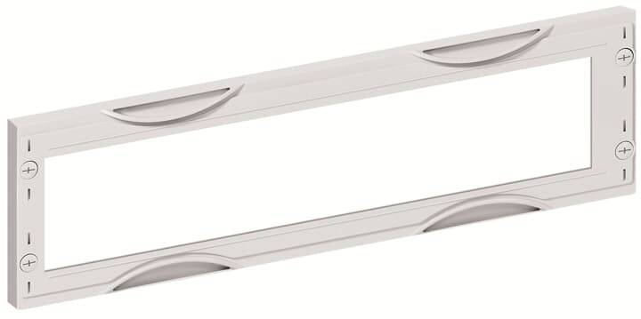 Kunststoffrahmen mit rechteckiger Öffnung für Namensschilder oder Informationsanzeigen. Weiß, mit dekorativen Vertiefungen.